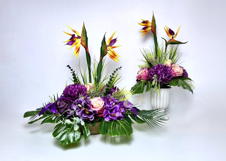 Strelicje królewskie w fiolecie – duza kompozycja w owalnej donicy + bukiet do wazonu