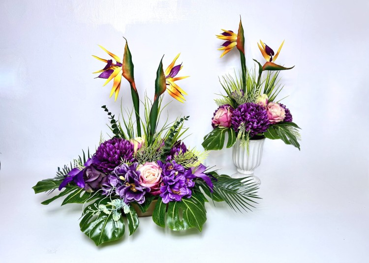 Strelicje królewskie w fiolecie – duza kompozycja w owalnej donicy + bukiet do wazonu
