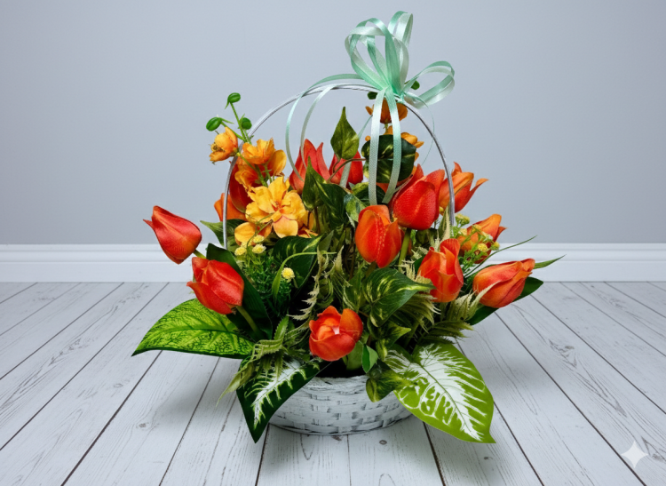 wiosenny-koszyk-na-cmentarz-pomaranczowe-tulipany-ostrozki-bielony