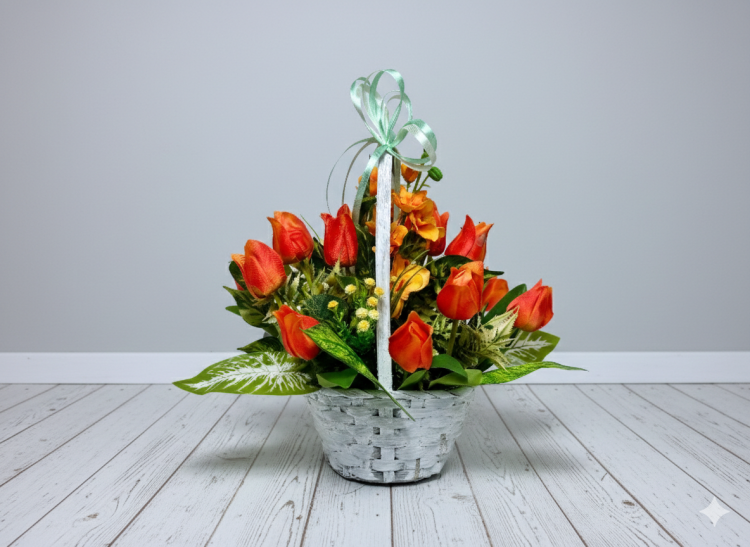 wiosenny-koszyk-na-cmentarz-pomaranczowe-tulipany-ostrozki-bielony