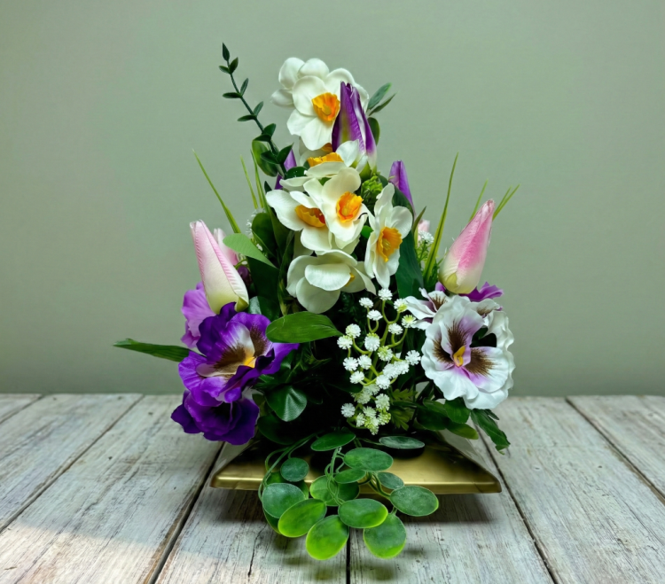 niepowtarzalna-elegancka-kompozycja-kwiatowa-na-cmentarz-na-grob-zolte-zonkile-kolorowe-bratki-tulipany