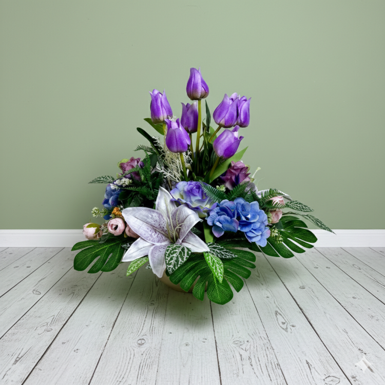 wielkanocny-komplet-na-cmentarz-zlota-donica-tulipany-lilie-hortensje