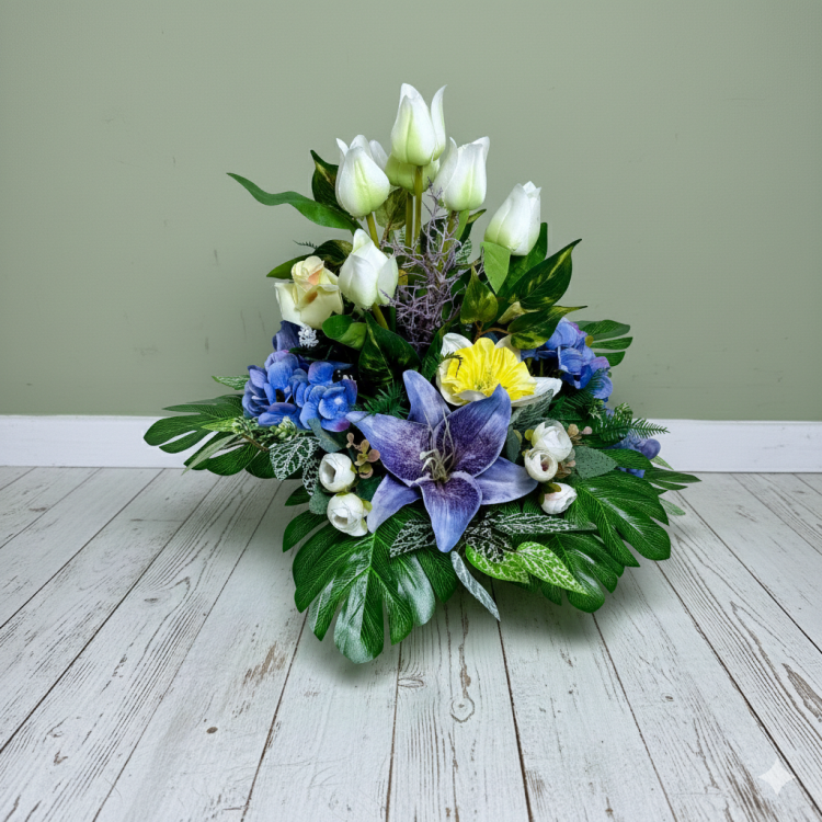 wielkanocny-komplet-na-cmentarz-zlota-donica-tulipany-lilie-hortensje