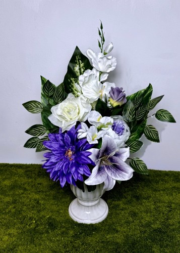 nowoczesny stroik ze sztucznych kwiatów fioletowej dalii białego mieczyka bukiet do wazonu stroik do wazonu bukiet na cmentarz Kwiaty pro dociążonym wkładem mrozoodporna piwonia biała lilia dekoracja nagrobna fioletowa kwiaty na cmentarz