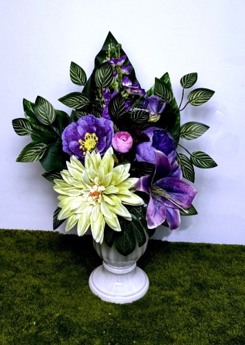 nowoczesny stroik ze sztucznych kwiatów seledynowej dalii fioletowej ostróżki bukietu do wazonu stroiku do wazonu bukietu na cmentarz kwiatów na cmentarz Kwiaty pro dociążonym wkładem fiolet lilia dekoracja nagrobna na pomnik grób