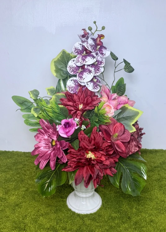bukiet do wazonu  sylikonowe storczyki bordowe dalie bordowe anemone rozowe roze purpurowe gerbery  dociaczony betonem komplet nagrobny Kwiaty pro kwiaty sztuczne jak zywe wazon kwiatowy