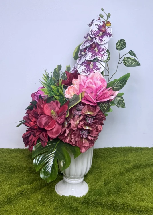 bukiet do wazonu  sylikonowe storczyki bordowe dalie bordowe anemone rozowe roze purpurowe gerbery  dociaczony betonem komplet nagrobny Kwiaty pro kwiaty sztuczne jak zywe wazon kwiatowy
