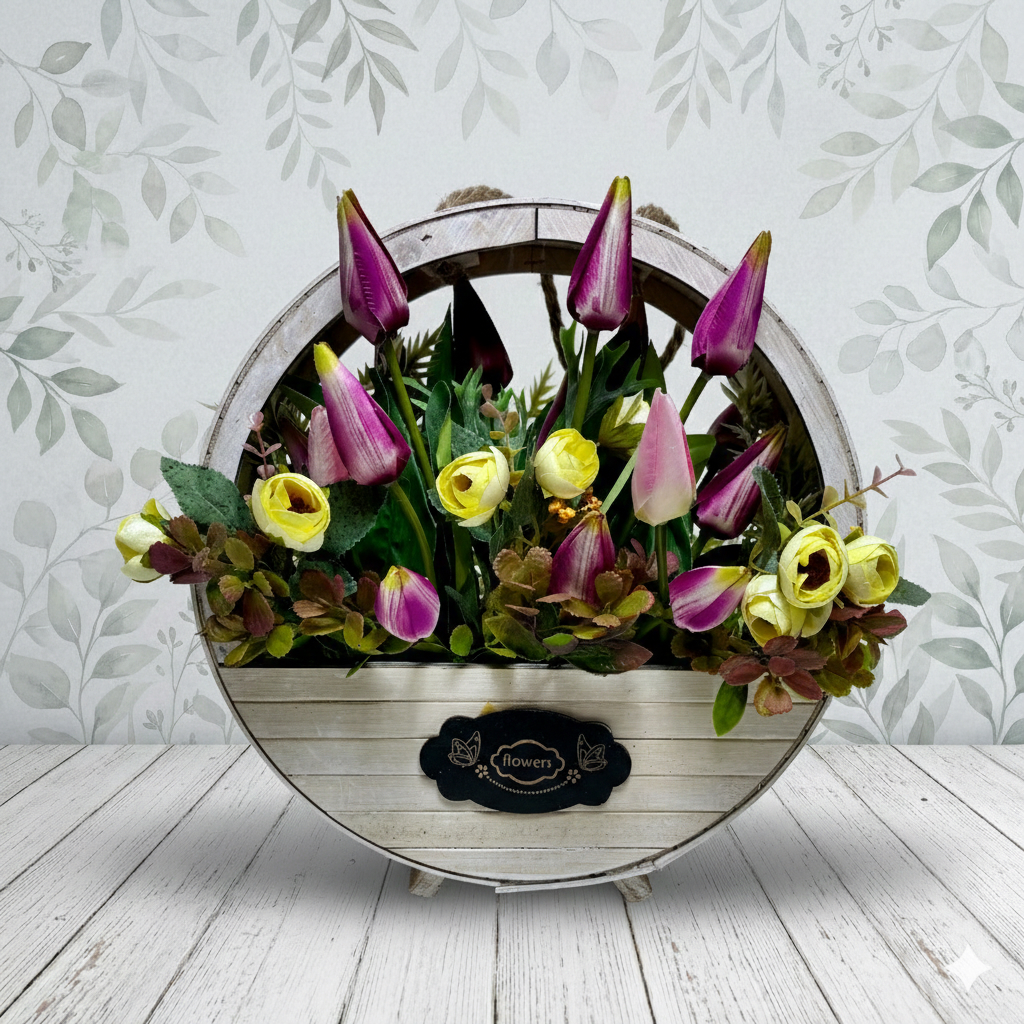 Elegancka ozdoba w koszu z tulipanami