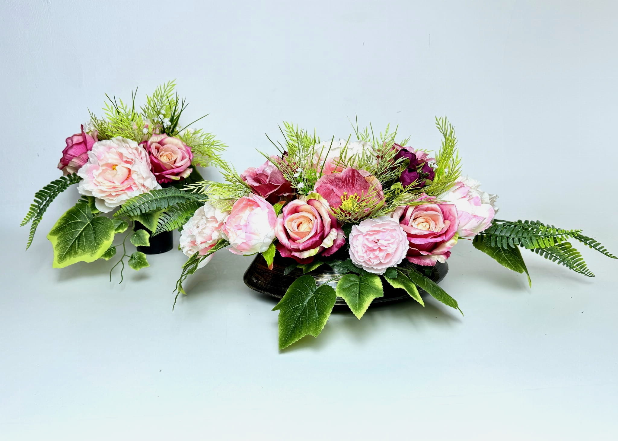 Zestaw „Różany Ogród” – kompozycja w owalnej donicy + bukiet do wazonu