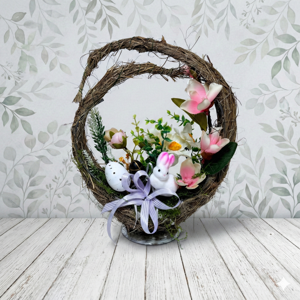 Mały, koszyczek z plecionki wypełniony wiosennymi kwiatami. Kompozycja składa się z pąków tulipanów w kolorze pudrowego różu oraz białych i żółtych bratków. Kwiaty są gęsto ułożone wśród zielonych liści tulipanów, gałązek bukszpanu i listków paproci. Koszyk posiada poręczny uchwyt, a jego wnętrze jest dociążone masą betonową dla zapewnienia stabilności. Dekoracja ma 33 cm wysokości oraz 26 cm szerokości. Całość wygląda świeżo i naturalnie.