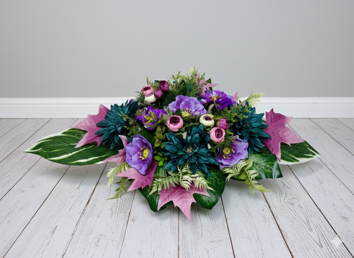 Pojedynczy, podłużny stroik nagrobny w złotej donicy. Kompozycja składa się z fioletowych i różowych kwiatów: bratków, róż oraz jaskrów. Kwiaty otoczone są bogatą zielenią liści monstery, eukaliptusa i paproci. Całość ma rozłożysty kształt o długości 85 cm. Dekoracja wykonana ręcznie, prezentuje się okazale i elegancko.