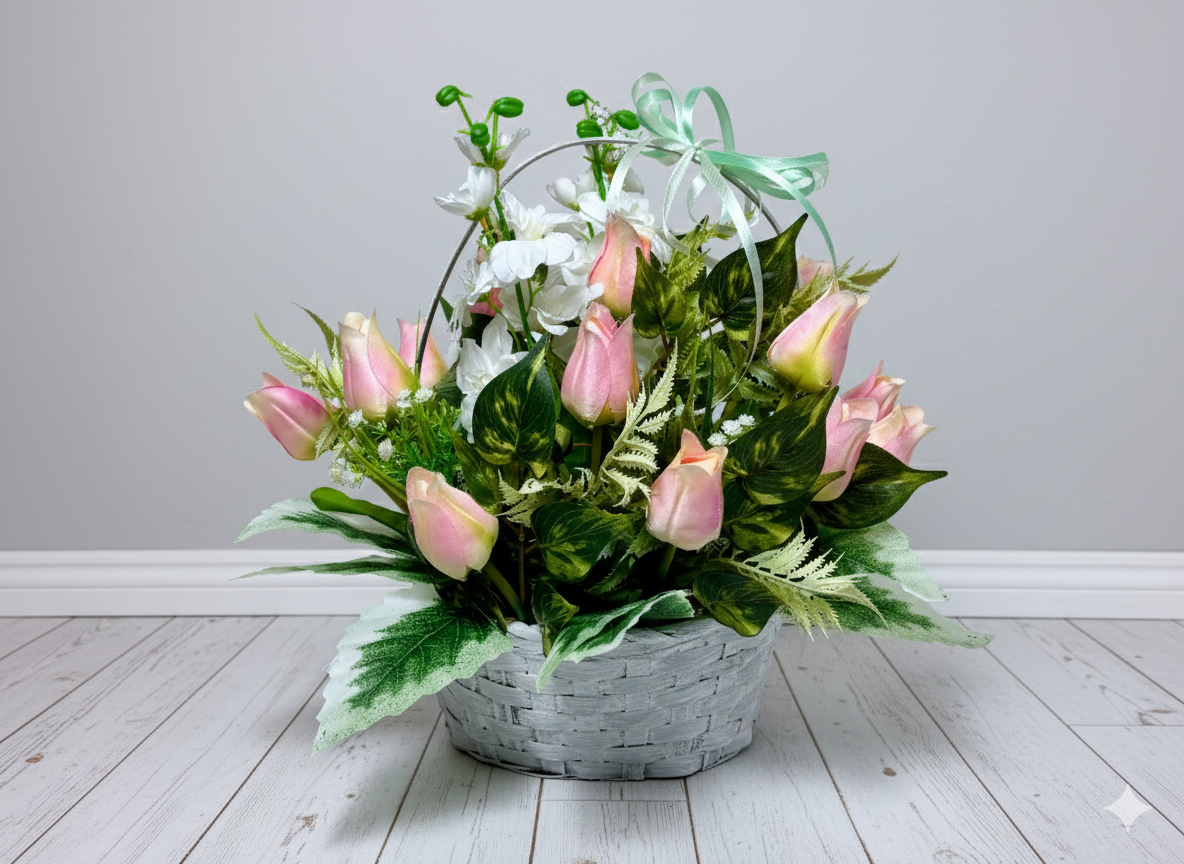 Zdjęcie przedstawia okrągły, bielony kosz wiklinowy wypełniony gęstą kompozycją kwiatową. W środku znajdują się różowe tulipany oraz wysokie, różowe i białe ostróżki. Całość uzupełnia bogata zieleń liści i drobne białe kwiatuszki. Kompozycja ma około 35 cm wysokości i średnicy. Kosz stoi na jasnym, drewnianym podłożu na tle szarej ściany.