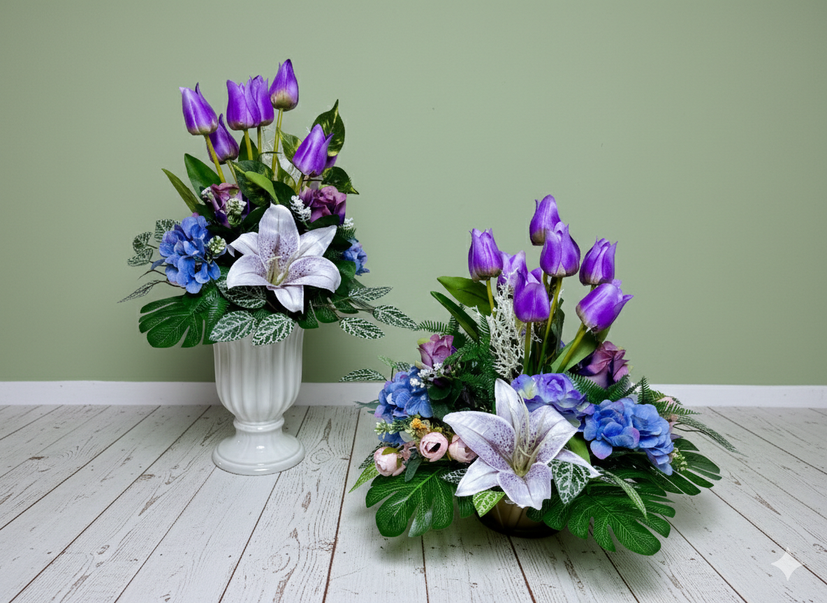 wielkanocny-komplet-na-cmentarz-zlota-donica-tulipany-lilie-hortensje