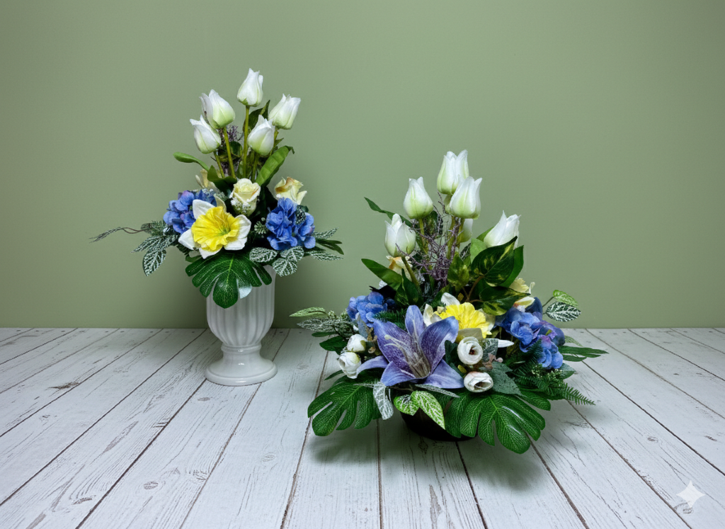 Zestaw dwóch dekoracji nagrobnych: okrągła kompozycja w złotej donicy oraz bukiet w wazonie. W stroiku widoczne wysokie białe lilie, gęste różowe hortensje, pastelowe róże oraz żółto-różowe tulipany. Całość osadzona wśród zielonych liści.