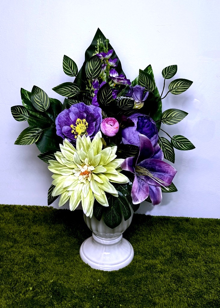 nowoczesny stroik ze sztucznych kwiatów seledynowej dalii fioletowej ostróżki bukietu do wazonu stroiku do wazonu bukietu na cmentarz kwiatów na cmentarz Kwiaty pro dociążonym wkładem fiolet lilia dekoracja nagrobna na pomnik grób
